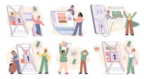 Hacker activity big set. Hacking computer. Phishing account, cyber attack on Stock-Illustration