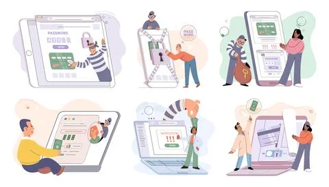 Hacker activity big set. Hacking computer. Phishing account, cyber attack on イラスト素材