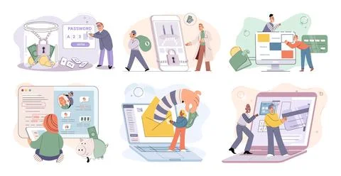 Hacker activity big set. Hacking computer. Phishing account, cyber attack on Stock Illustration