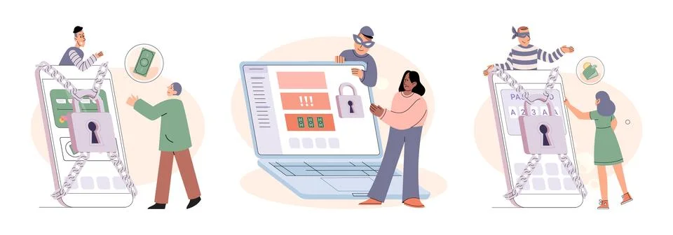 Hacker activity big set. Hacking computer. Phishing account, cyber attack on イラスト素材