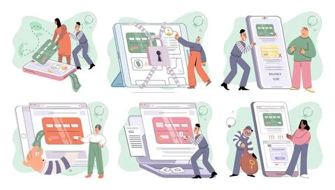 Hacker activity big set. Hacking computer. Phishing account, cyber attack on 库存插图