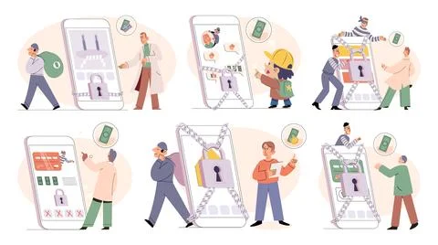 Hacker activity big set. Hacking computer. Phishing account, cyber attack on Illustrazione stock