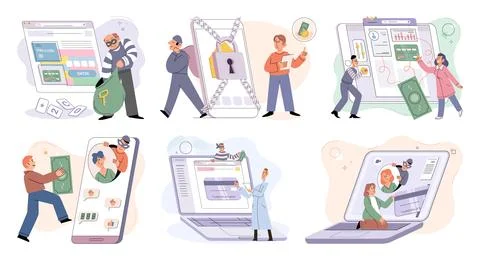 Hacker activity big set. Hacking computer. Phishing account, cyber attack on 스톡 일러스트