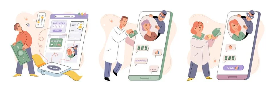 Hacker activity big set. Hacking computer. Phishing account, cyber attack on 库存插图