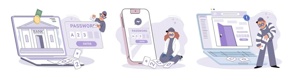 Hacker activity big set. Hacking computer. Phishing account, cyber attack on Stockillustratie