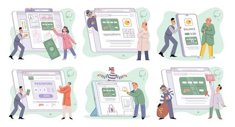 Hacker activity big set. Hacking computer. Phishing account, cyber attack on Illustrazione stock