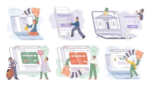 Hacker activity big set. Hacking computer. Phishing account, cyber attack on Stock Illustration