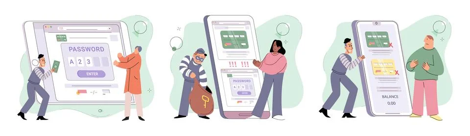 Hacker activity big set. Hacking computer. Phishing account, cyber attack on 库存插图