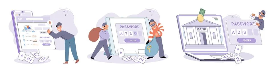 Hacker activity big set. Hacking computer. Phishing account, cyber attack on Stock-Illustration