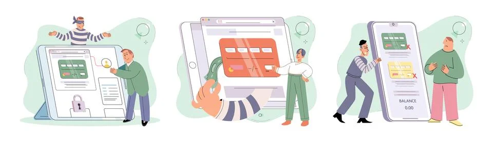 Hacker activity big set. Hacking computer. Phishing account, cyber attack on 库存插图