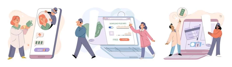 Hacker activity big set. Hacking computer. Phishing account, cyber attack on 库存插图