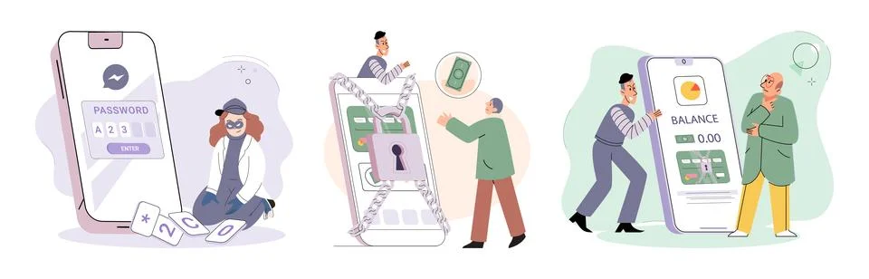 Hacker activity big set. Hacking computer. Phishing account, cyber attack on Illustrazione stock