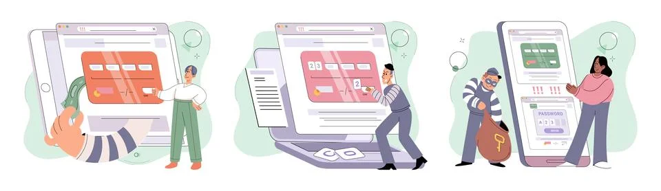 Hacker activity big set. Hacking computer. Phishing account, cyber attack on Stock-Illustration