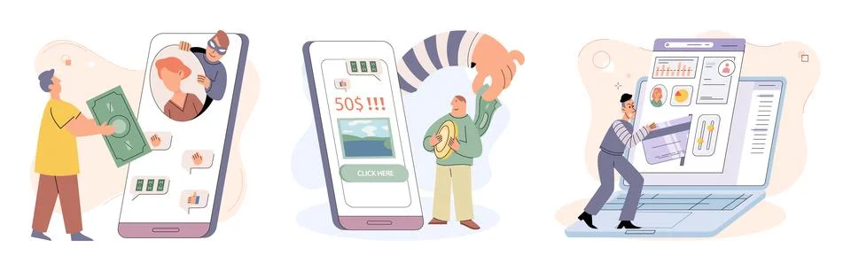 Hacker activity big set. Hacking computer. Phishing account, cyber attack on Stock Illustration