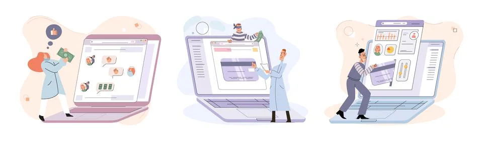 Hacker activity big set. Hacking computer. Phishing account, cyber attack on Illustrazione stock