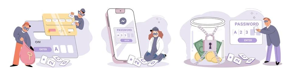 Hacker activity big set. Hacking computer. Phishing account, cyber attack on Stockillustratie