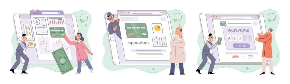 Hacker activity big set. Hacking computer. Phishing account, cyber attack on Stock Illustration