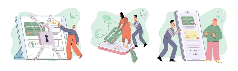 Hacker activity big set. Hacking computer. Phishing account, cyber attack on Stock-Illustration