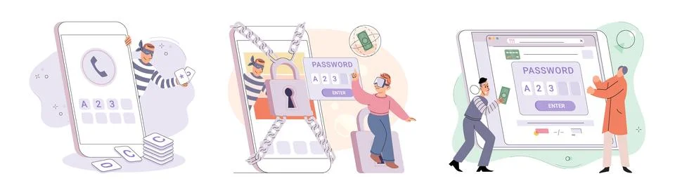 Hacker activity big set. Hacking computer. Phishing account, cyber attack on Stockillustratie