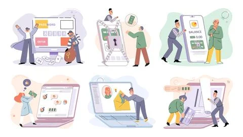 Hacker activity big set. Hacking computer. Phishing account, cyber attack on Illustrazione stock