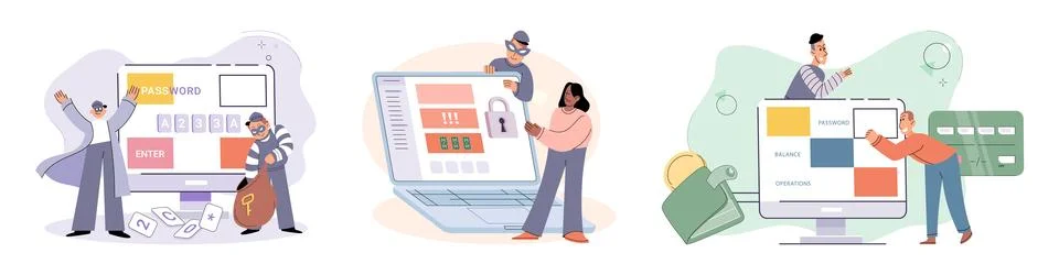 Hacker activity big set. Hacking computer. Phishing account, cyber attack on Stockillustratie