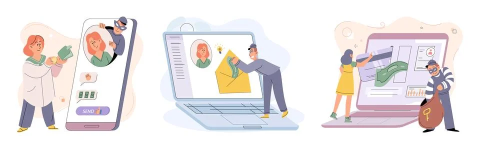 Hacker activity big set. Hacking computer. Phishing account, cyber attack on Stockillustratie