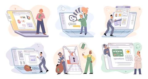 Hacker activity big set. Hacking computer. Phishing account, cyber attack on 스톡 일러스트