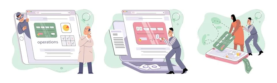 Hacker activity big set. Hacking computer. Phishing account, cyber attack on Stock Illustration