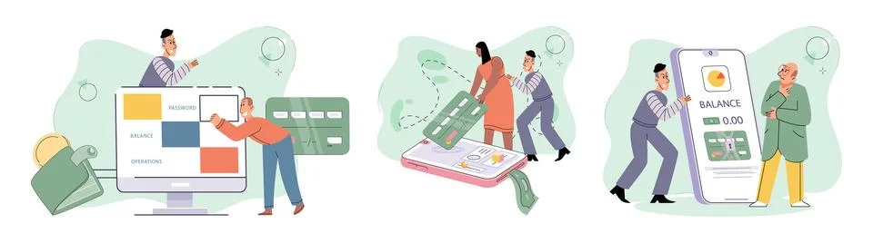 Hacker activity big set. Hacking computer. Phishing account, cyber attack on Stock Illustration