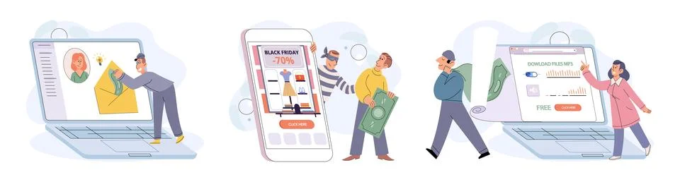 Hacker activity big set. Hacking computer. Phishing account, cyber attack on Illustrazione stock