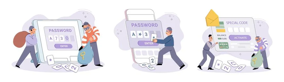 Hacker activity big set. Hacking computer. Phishing account, cyber attack on Stockillustratie