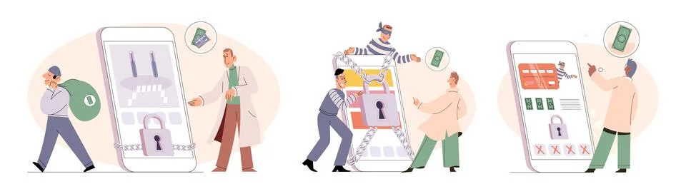 Hacker activity big set. Hacking computer. Phishing account, cyber attack on Stock Illustration