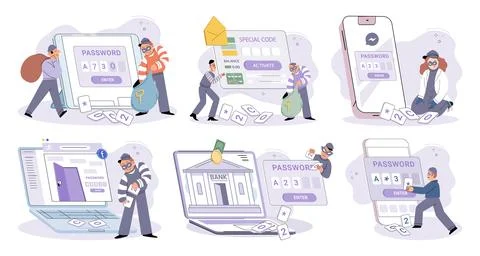 Hacker activity big set. Hacking computer. Phishing account, cyber attack on Stock Illustration