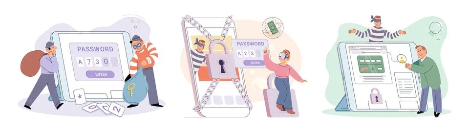 Hacker activity big set. Hacking computer. Phishing account, cyber attack on 스톡 일러스트