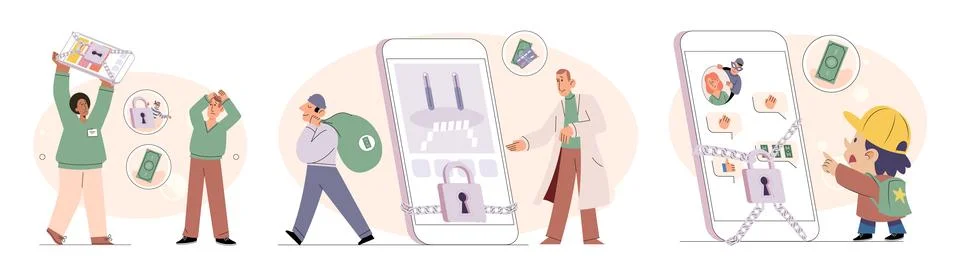 Hacker activity big set. Hacking computer. Phishing account, cyber attack on Stock Illustration