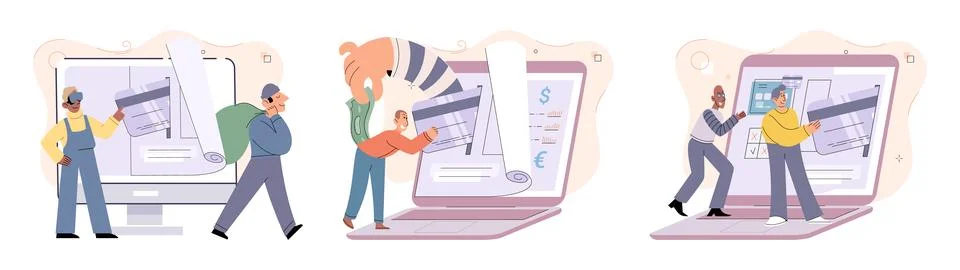 Hacker activity big set. Hacking computer. Phishing account, cyber attack on Stockillustratie