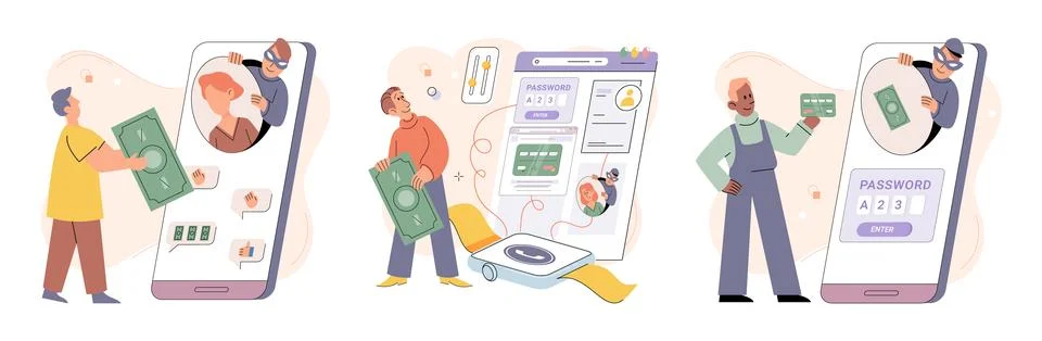 Hacker activity big set. Hacking computer. Phishing account, cyber attack on Stockillustratie