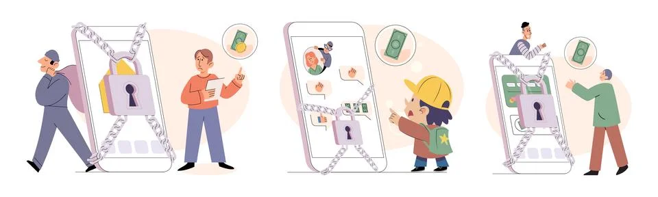 Hacker activity big set. Hacking computer. Phishing account, cyber attack on Stock-Illustration