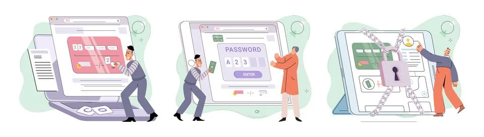 Hacker activity big set. Hacking computer. Phishing account, cyber attack on Stock Illustration