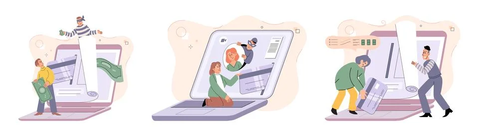 Hacker activity big set. Hacking computer. Phishing account, cyber attack on Stock Illustration