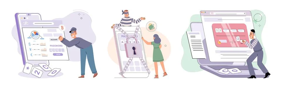 Hacker activity big set. Hacking computer. Phishing account, cyber attack on 库存插图