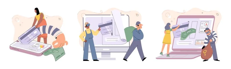 Hacker activity big set. Hacking computer. Phishing account, cyber attack on Stock Illustration