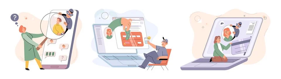 Hacker activity big set. Hacking computer. Phishing account, cyber attack on Illustrazione stock