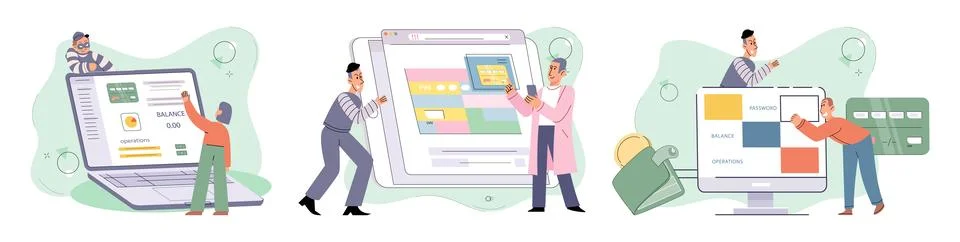 Hacker activity big set. Hacking computer. Phishing account, cyber attack on Illustrazione stock