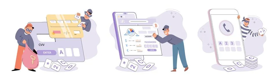 Hacker activity big set. Hacking computer. Phishing account, cyber attack on 库存插图