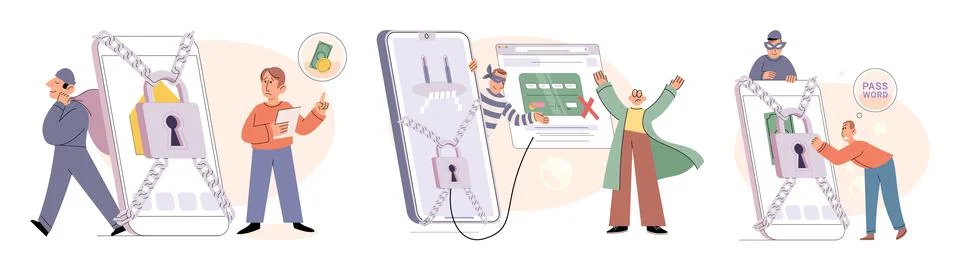 Hacker activity big set. Hacking computer. Phishing account, cyber attack on Stock Illustration