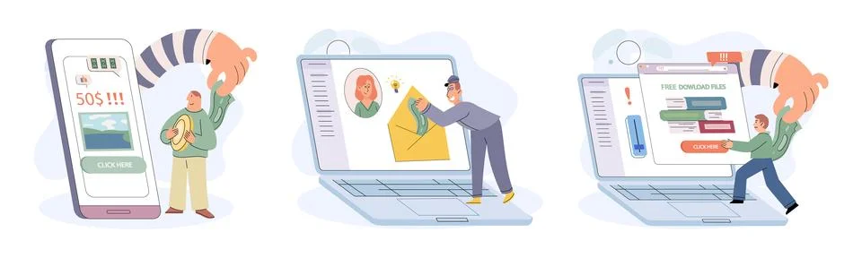 Hacker activity big set. Hacking computer. Phishing account, cyber attack on Stock-Illustration