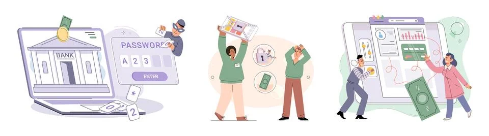 Hacker activity big set. Hacking computer. Phishing account, cyber attack on Stock Illustration