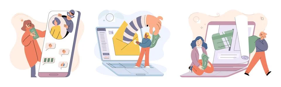 Hacker activity big set. Hacking computer. Phishing account, cyber attack on Illustrazione stock