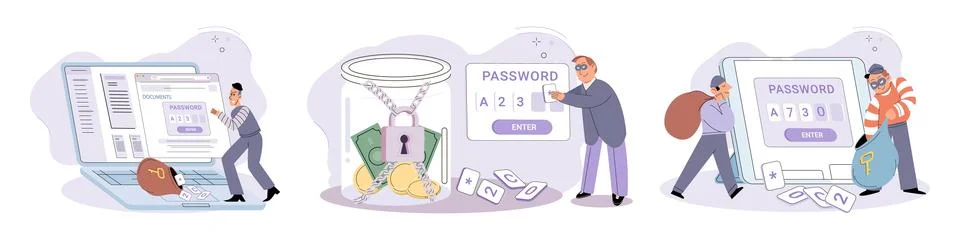 Hacker activity big set. Hacking computer. Phishing account, cyber attack on Illustrazione stock